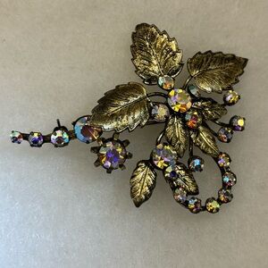Vintage Signed Austria Aurora Borealis Rhinestone Floral Brooch